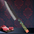 8-inch Damascus Steel Chef Knife with colorful resin handle displayed with premium cuts of meat.
