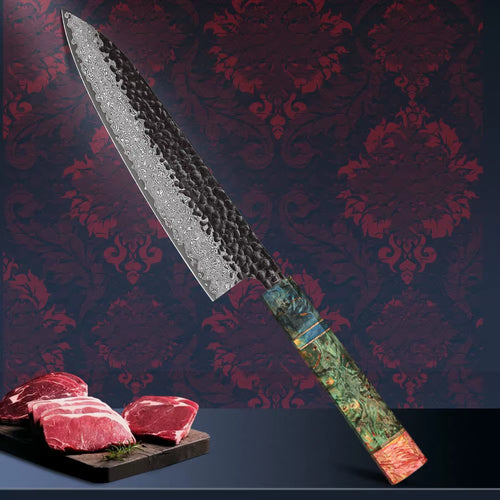 8-inch Damascus Steel Chef Knife with colorful resin handle displayed with premium cuts of meat.
