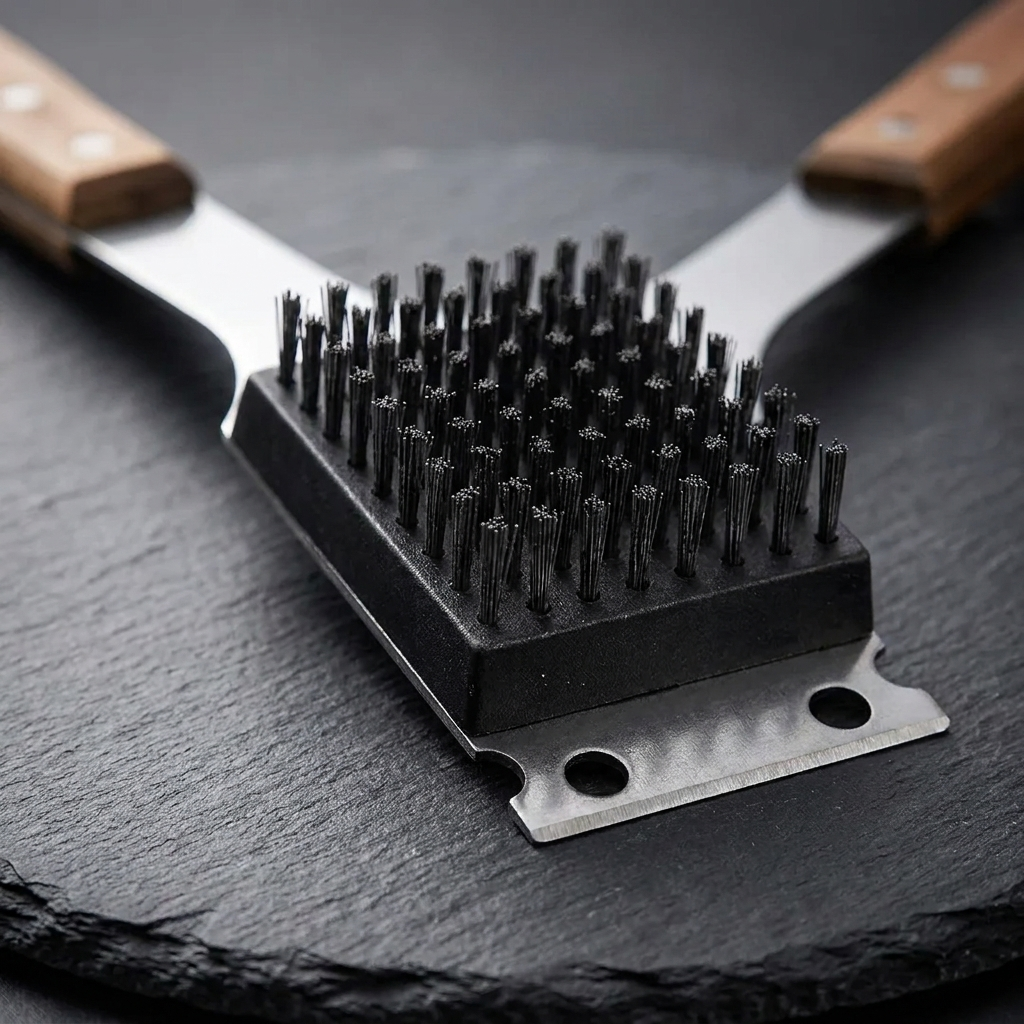 Two grill brush heads with scraper, dark slate