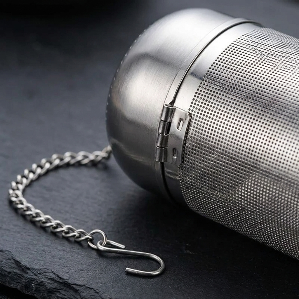 Tea infuser hinge and chain detail, dark background