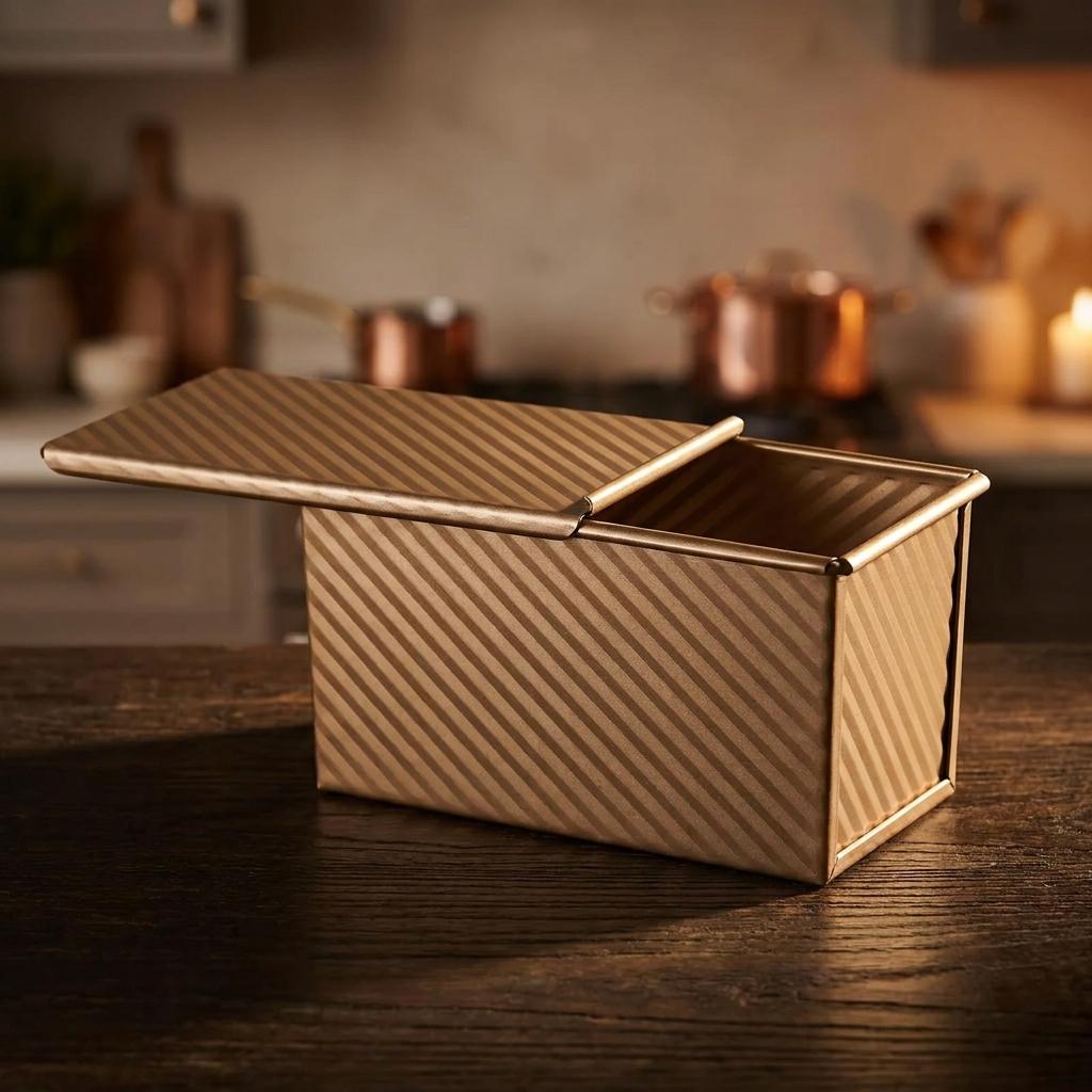 Gold loaf pan with sliding lid, kitchen scene