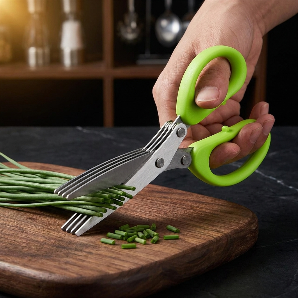 Hand using scissors to cut chives, action shot