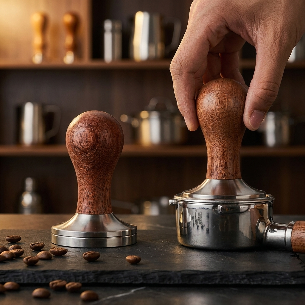 Hand tamping espresso with portafilter, two sizes visible