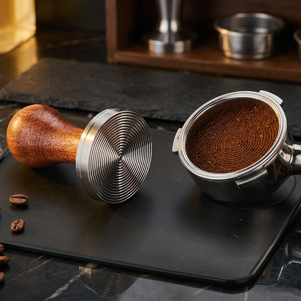 Espresso tamper beside filled portafilter