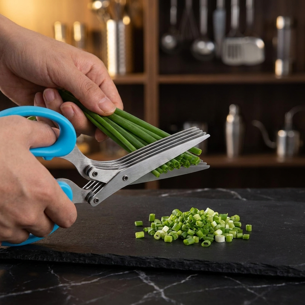 3 Layers scissors, blue handle, cutting scallions
