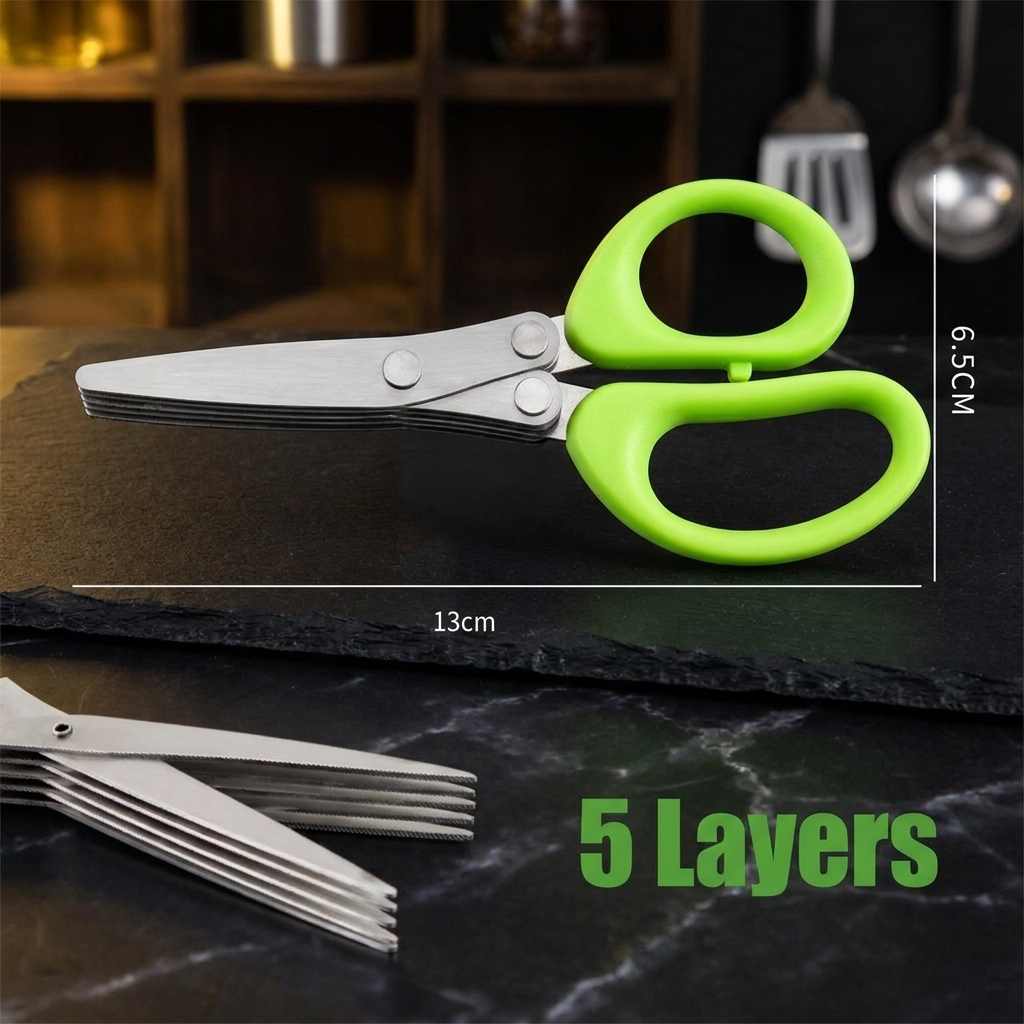 Multi-blade scissors with dimensions, cutting scallions