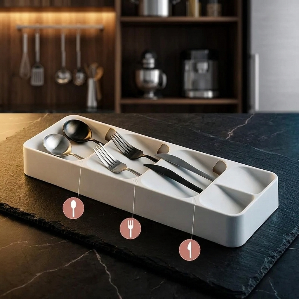 White cutlery organizer with utensil icons