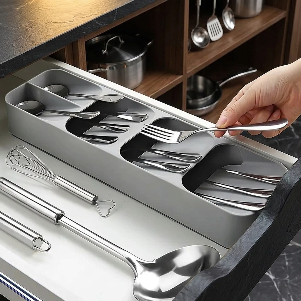 Hand reaching into cutlery organizer in open drawer