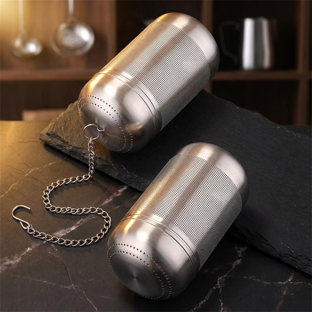 Two tea infusers with chains hanging, product photo