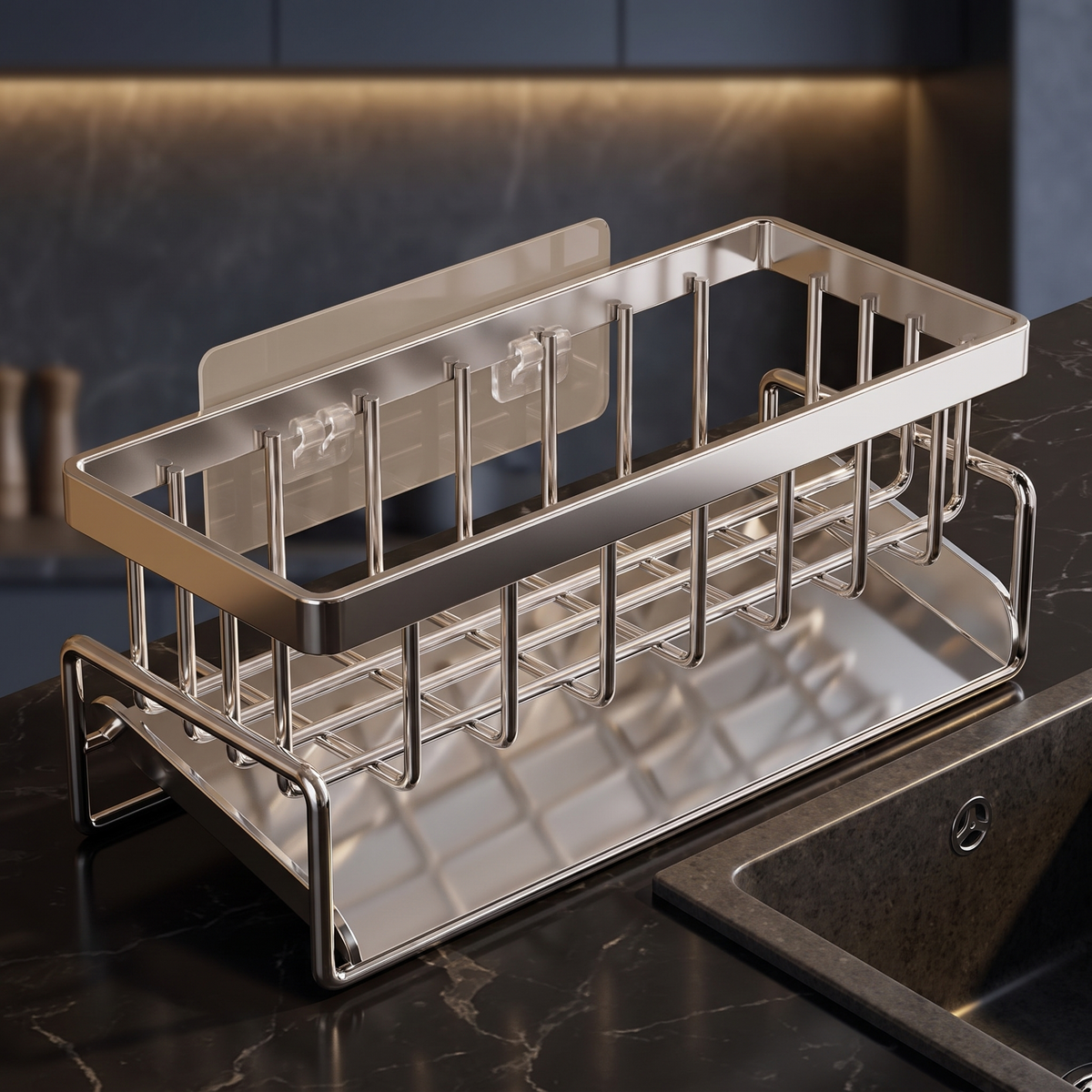 Stainless steel sink organizer, empty, on dark marble counter