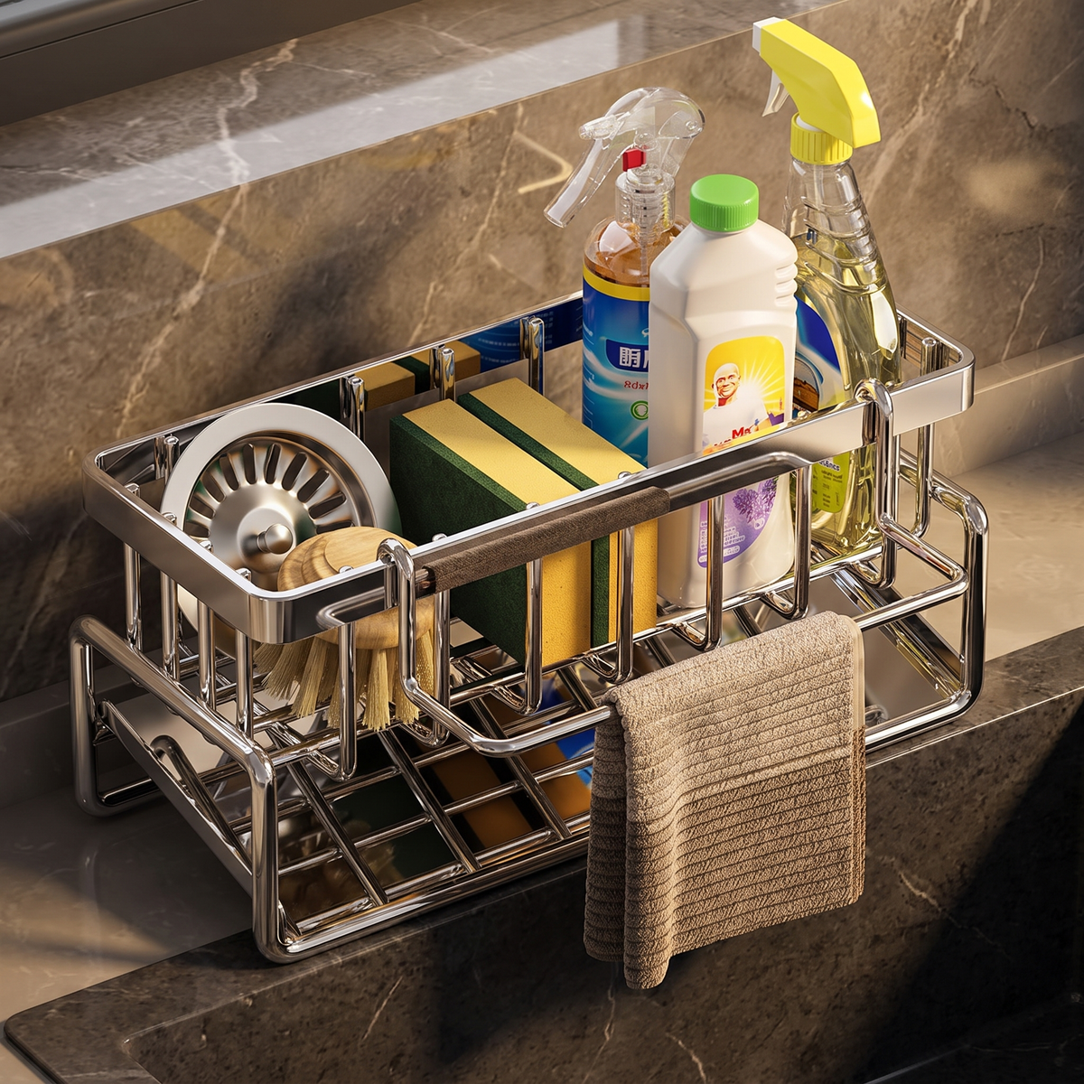 Sink organizer installed over sink edge holding sponges and towel