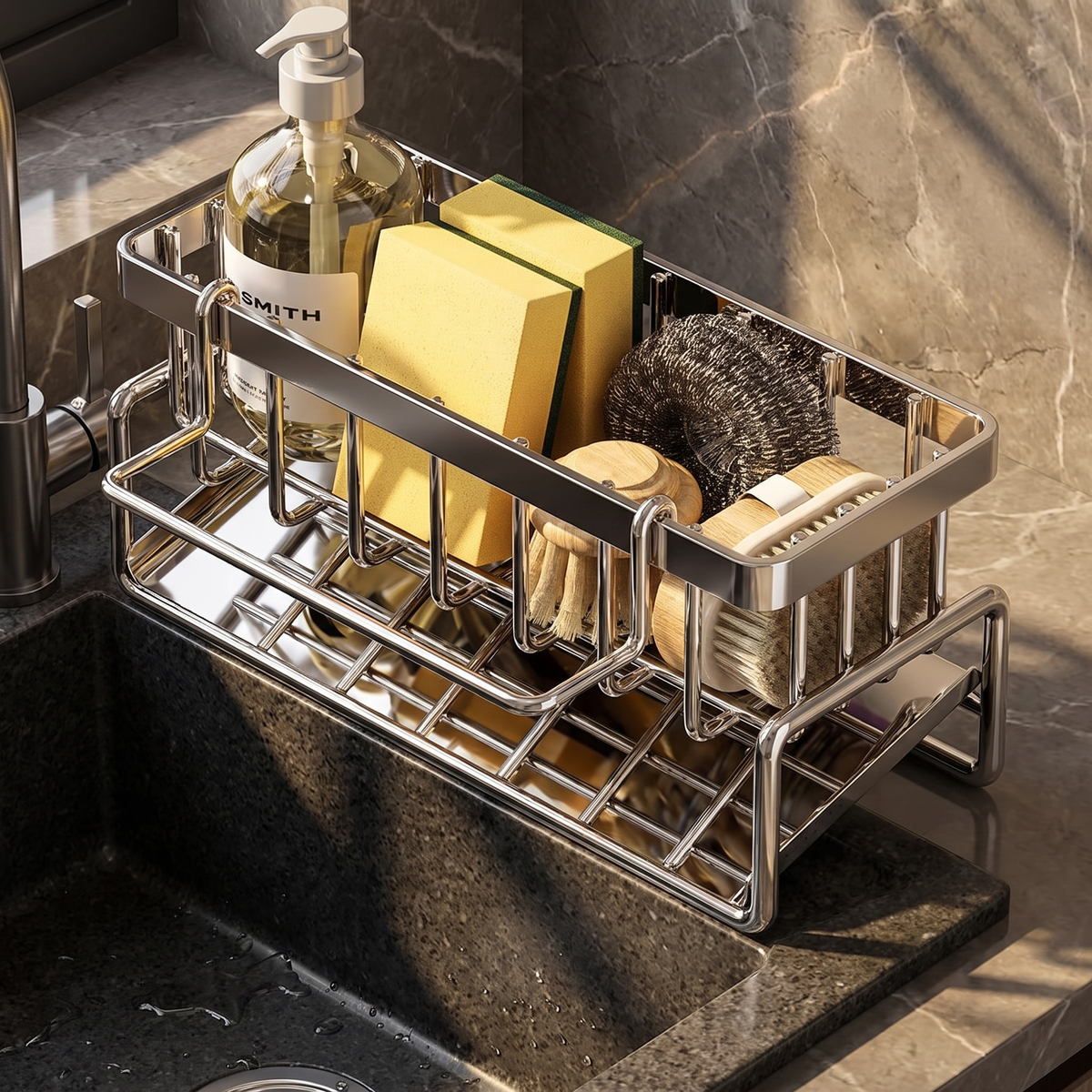 Sink organizer with soap dispenser, sponges, and scrub brush lifestyle