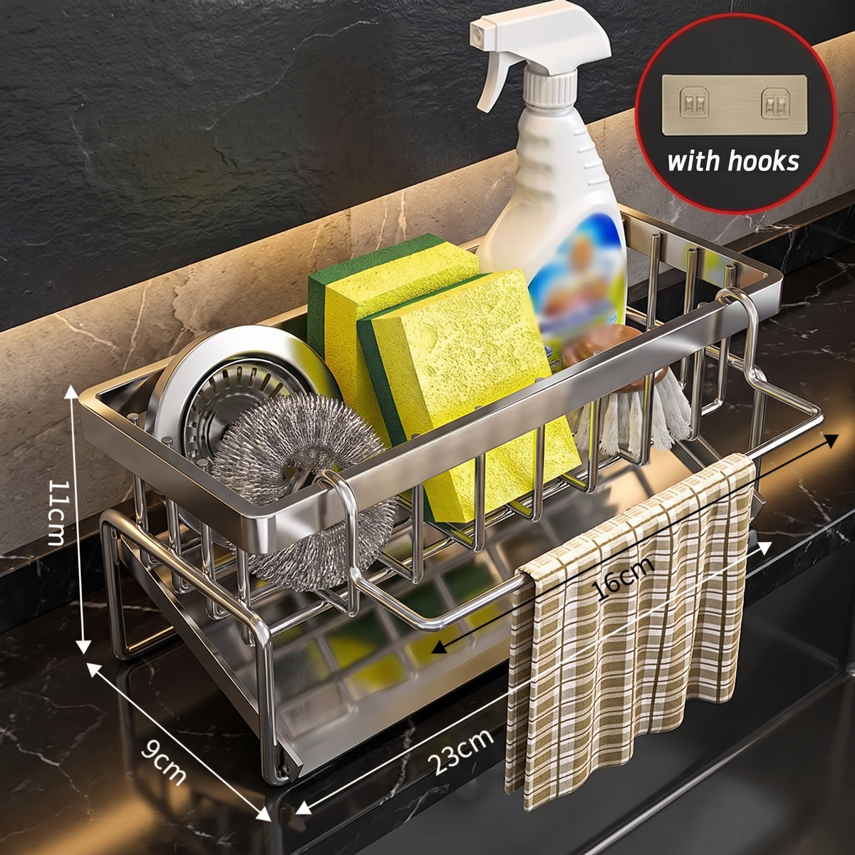 Stainless With Hooks finish sink organizer with dimensions