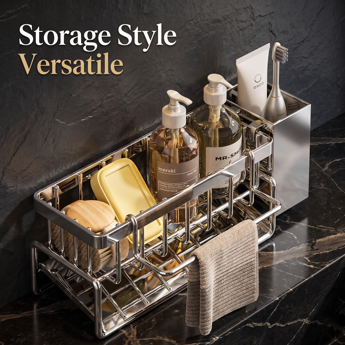 Sink organizer holding soap, toothbrush holder, and towel