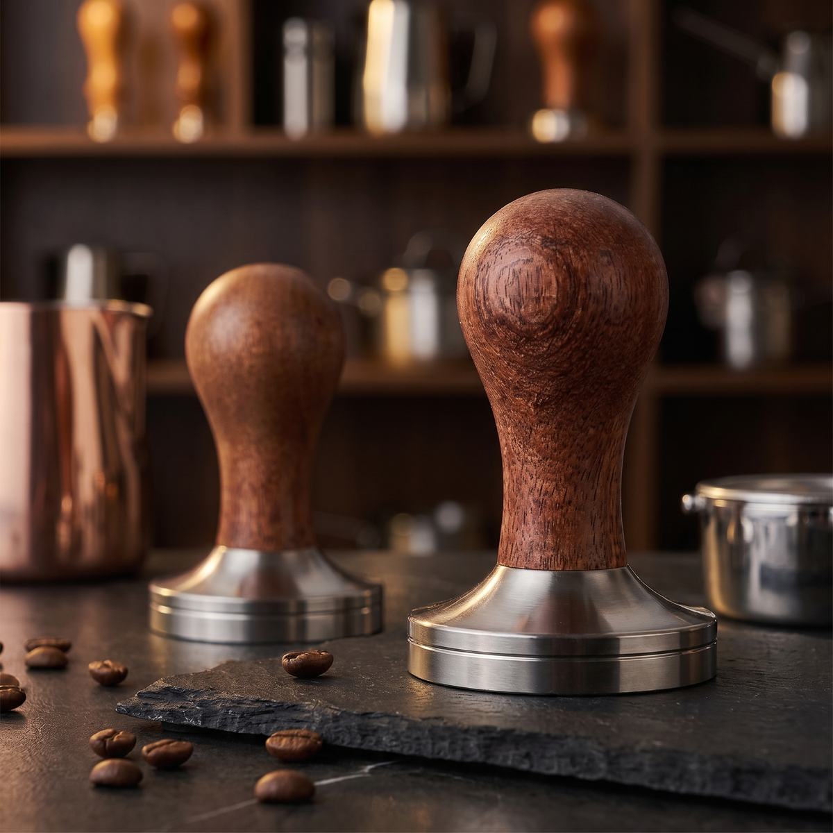 Large espresso tamper, focused with smaller size visible for scale