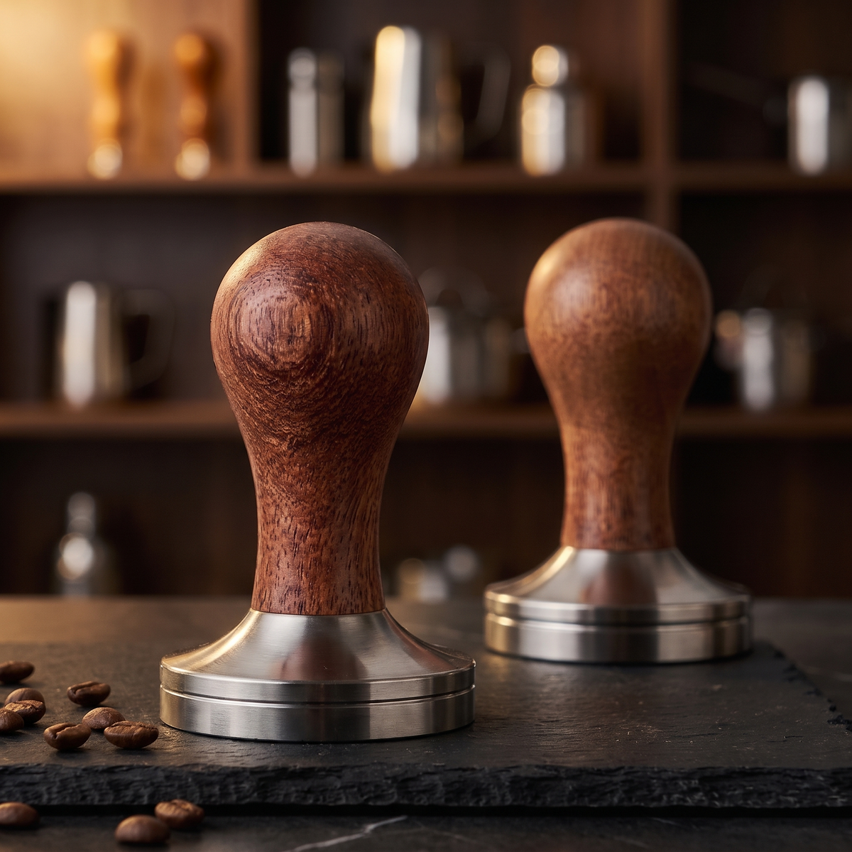 Small espresso tamper, focused with larger size visible for scale