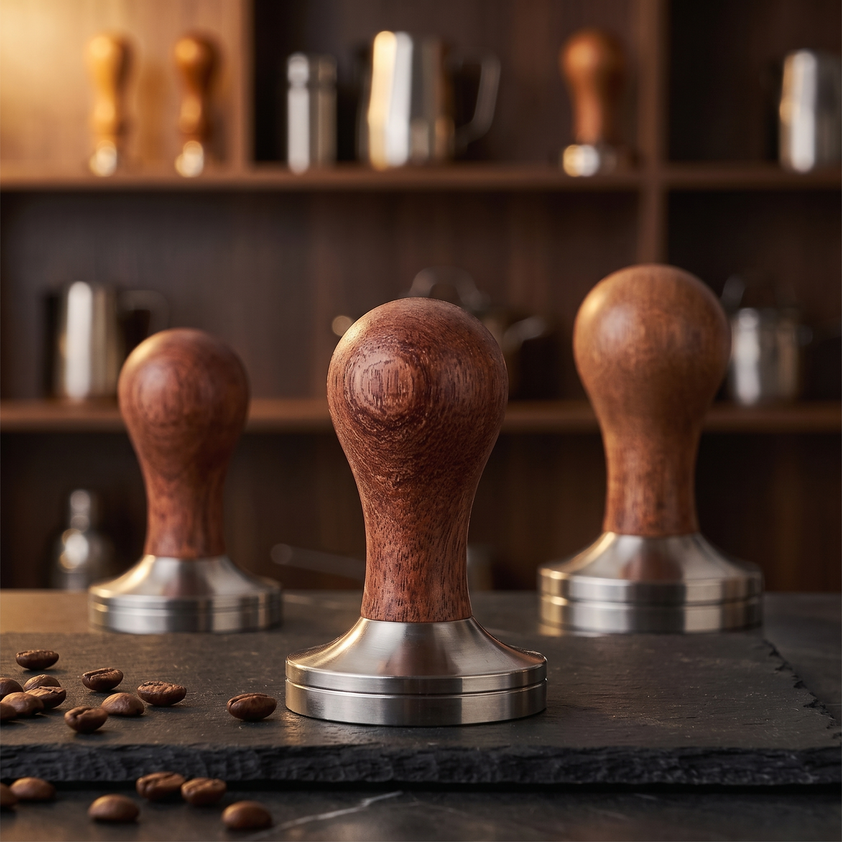Medium espresso tamper, focused with other sizes visible for scale